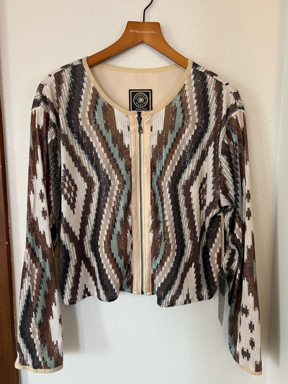 Double D Ranch Sequin-Embellished Multi-Stripe Top in Brown, Cream & Aqua